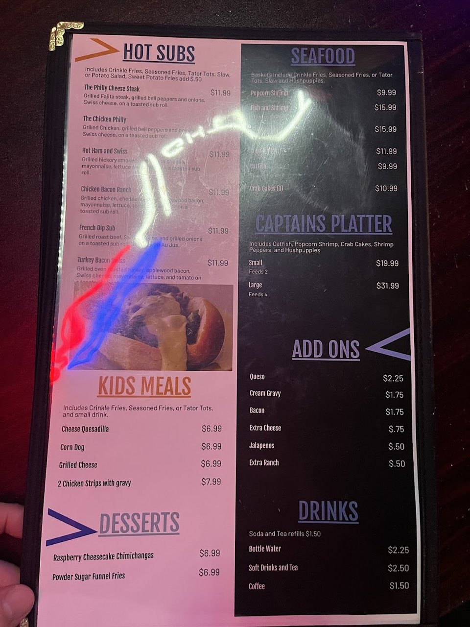 Menu board with burgers, wings, and kid meals.