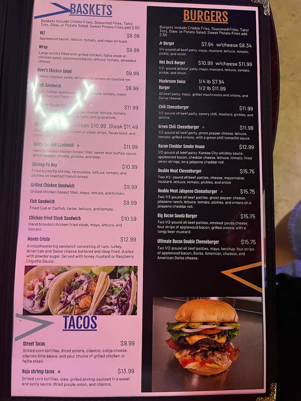 Casual menu page for a bar and grill.
