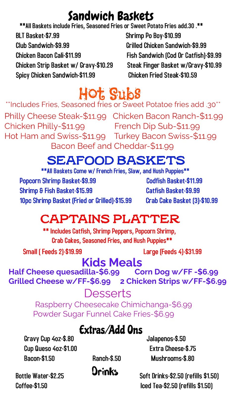 Printed menu with grilled sandwiches and wings.